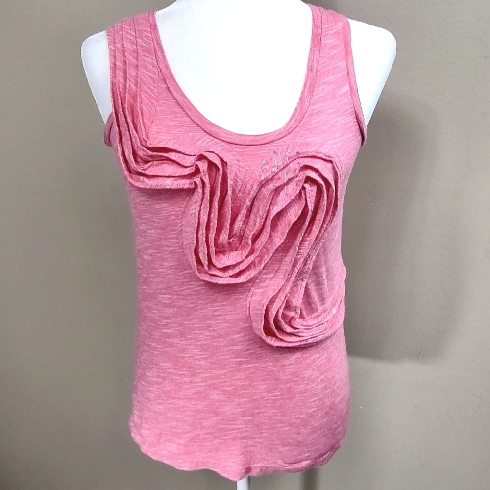 Anthropologie Little Yellow Button Winding Roads Pink Ruffle Tank Top